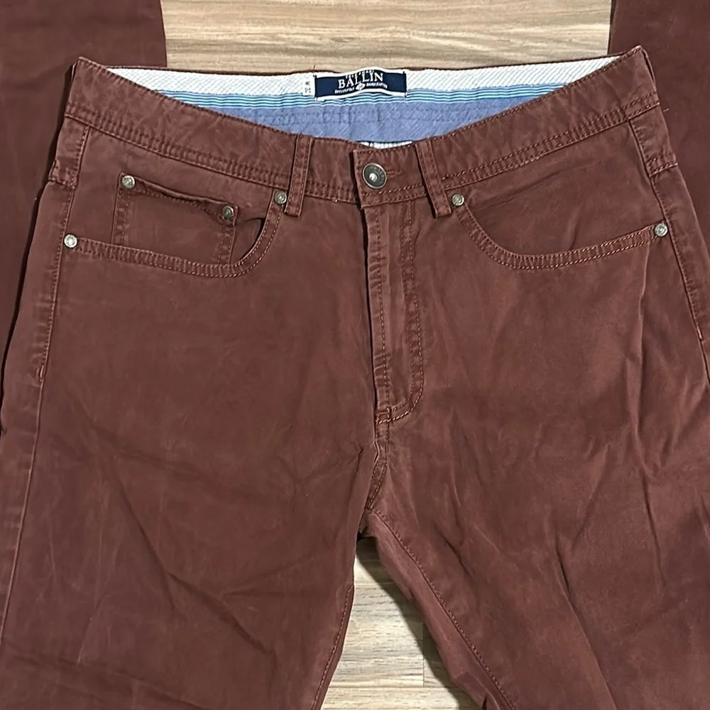 Ballin Chino Pants Men’s 32 Khaki Maroon Pima Cotton Stretch Flat Front Trousers